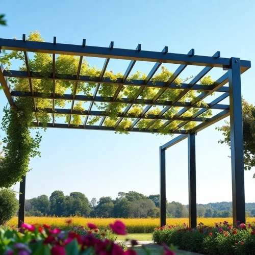 Transform your outdoor space with a modern steel pergola, featuring sleek design and vibrant greenery.