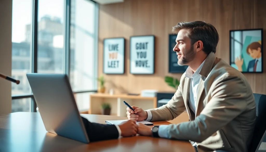 Business coach near me engages with a client in a modern office environment.