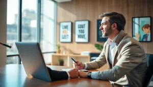 Business coach near me engages with a client in a modern office environment.