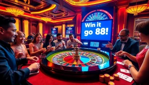 Players celebrate a big win at go 88's luxurious casino, featuring vibrant roulette tables and high stakes excitement.