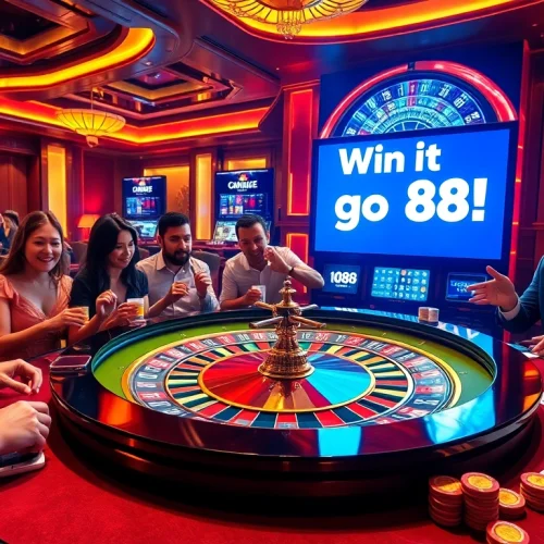 Players celebrate a big win at go 88's luxurious casino, featuring vibrant roulette tables and high stakes excitement.
