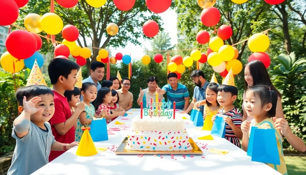 Children celebrate at a lively Singapore birthday party full of colorful decorations and cake.