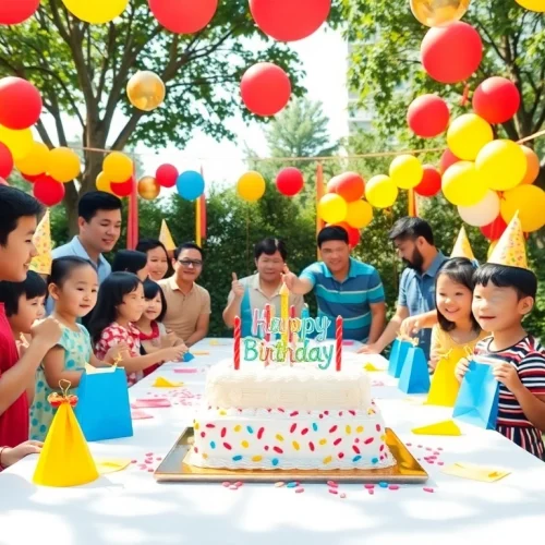 Children celebrate at a lively Singapore birthday party full of colorful decorations and cake.