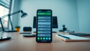 Experience the advanced features of the GB WhatsApp app on a smartphone in a modern workspace.