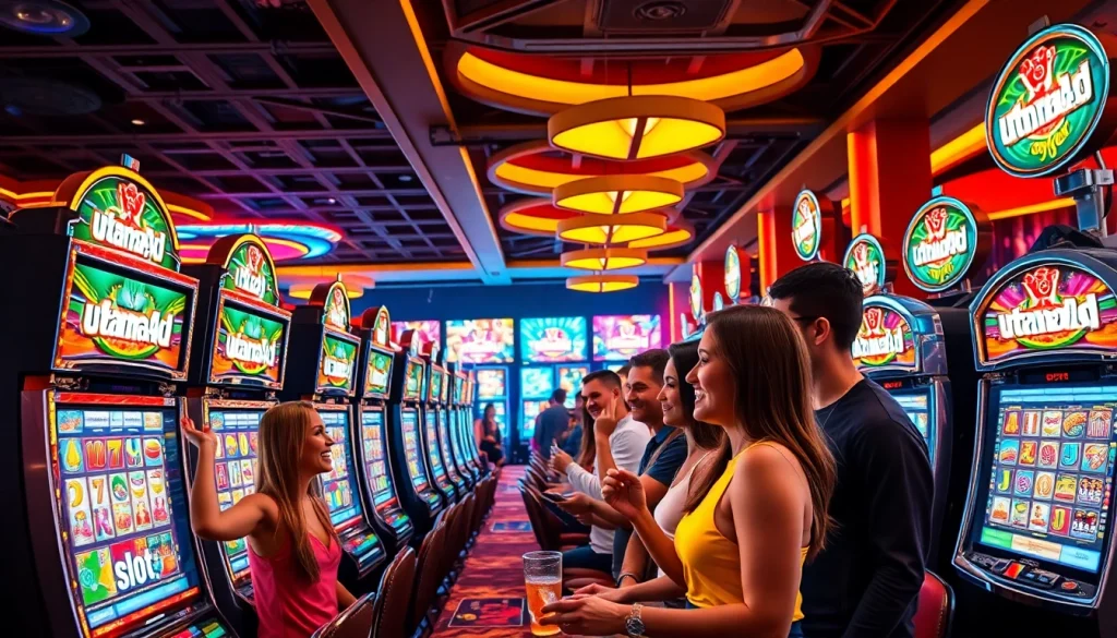 Para pemain merasakan kegembiraan mesin slot Utama4D di sebuah kasino yang ramai.