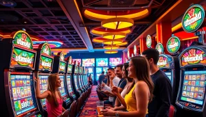 Para pemain merasakan kegembiraan mesin slot Utama4D di sebuah kasino yang ramai.