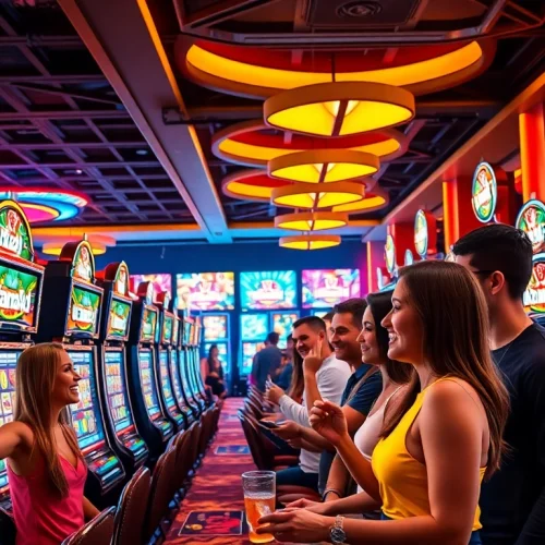 Para pemain merasakan kegembiraan mesin slot Utama4D di sebuah kasino yang ramai.