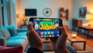 User interacting with the Jalwa app on a smartphone in a cozy living room.