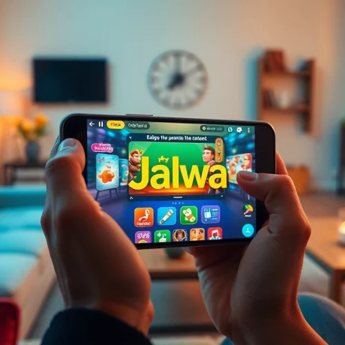 User interacting with the Jalwa app on a smartphone in a cozy living room.