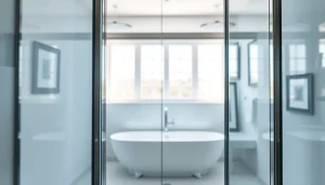 Shower doors uk elegantly showcased in a stylish modern bathroom, highlighting glass texture.