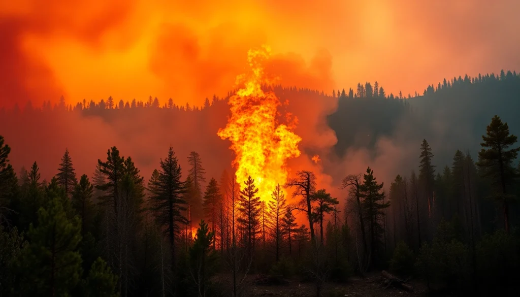 Capturing Wildfire events with flames engulfing trees, showcasing dramatic natural destruction.