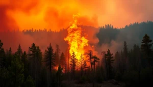 Capturing Wildfire events with flames engulfing trees, showcasing dramatic natural destruction.