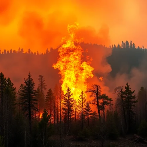 Capturing Wildfire events with flames engulfing trees, showcasing dramatic natural destruction.