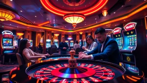 Players enjoying exciting games at BRABET online casino, featuring colorful slot machines and betting tables.