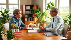 Consultation on agriculture law in a sunny office with clients and legal books.