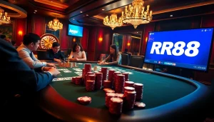Players placing their bets at a thrilling RR88 poker game table in a luxurious casino.