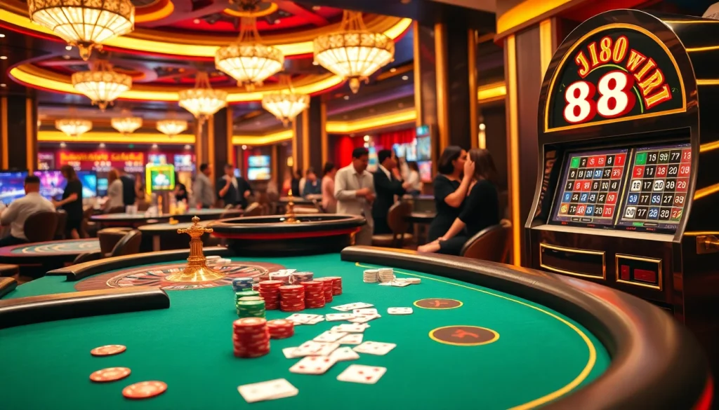 J88 casino scene with dynamic gaming action at poker tables and lively atmosphere.