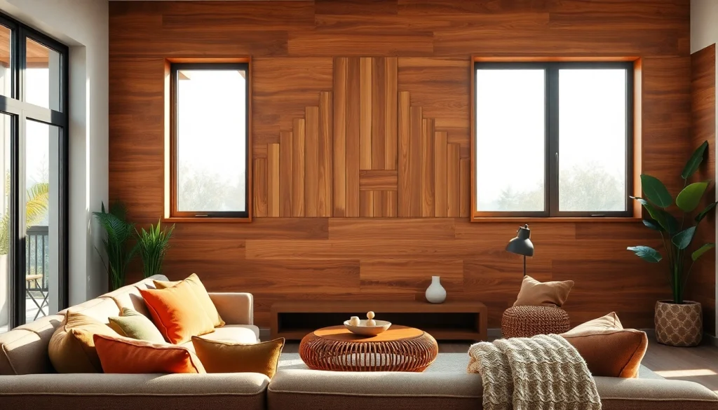 Stylish living room showcasing a wood panel accent wall with cozy decor and natural light.