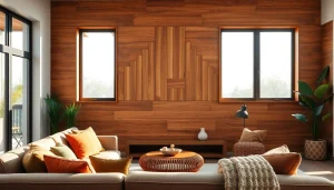 Stylish living room showcasing a wood panel accent wall with cozy decor and natural light.