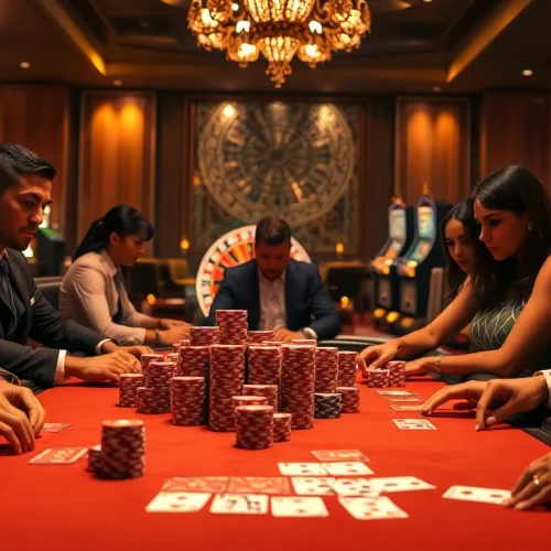 Players strategizing at a high-stakes poker table in the dazzling atmosphere of XX88 casino.
