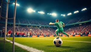 โปรแกรมบอล วันนี้ แสดงถึงผู้รักษาประตูที่กระโดดเซฟลูกยิงในสนามฟุตบอล