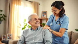 Engaging scene of in home care austin tx with caregiver supporting elderly client in a warm living room.