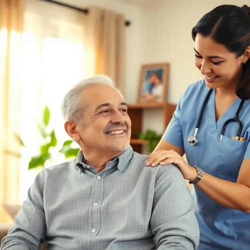 Engaging scene of in home care austin tx with caregiver supporting elderly client in a warm living room.