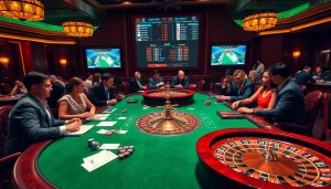 Engaging gamers in a luxurious casino setting, showcasing real-time sports scores "ผลบอลสด" for an immersive betting experience.