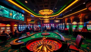 Engaging casino scene with high-stakes poker and vibrant slot machines at mm88 vin.
