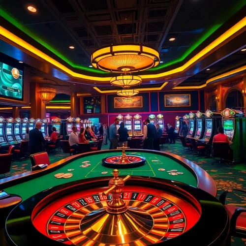Engaging casino scene with high-stakes poker and vibrant slot machines at mm88 vin.