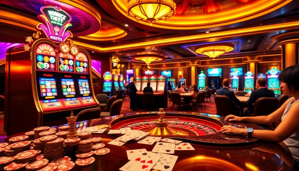 Engage with IDN Slot 777 at an exciting casino featuring vibrant slot machines and poker chips.