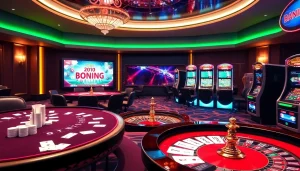Experience the excitement of רמי אונליין with a luxurious casino scene featuring modern tables and vibrant slots.