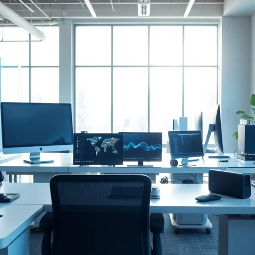 zirvegrupbilgisayar dijital çözümleri içeren modern ofis ortamını sergiliyor.