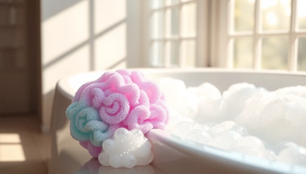 Scrub with the best silicone loofah, showcasing its vibrant colors and design beside a clean bathtub.