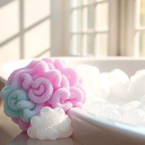 Scrub with the best silicone loofah, showcasing its vibrant colors and design beside a clean bathtub.