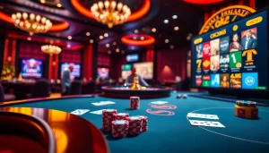 Experience thrilling gameplay at OK365, featuring an elegant casino table and vibrant gaming interfaces.