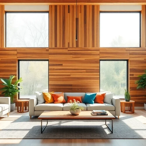 Transform your space with a stylish wood panel accent wall creating a warm focal point.