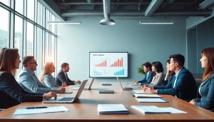 Professionals exchanging business growth insights in a modern conference room.