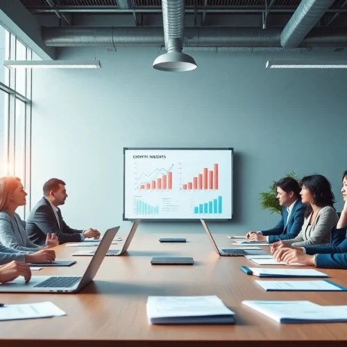 Professionals exchanging business growth insights in a modern conference room.