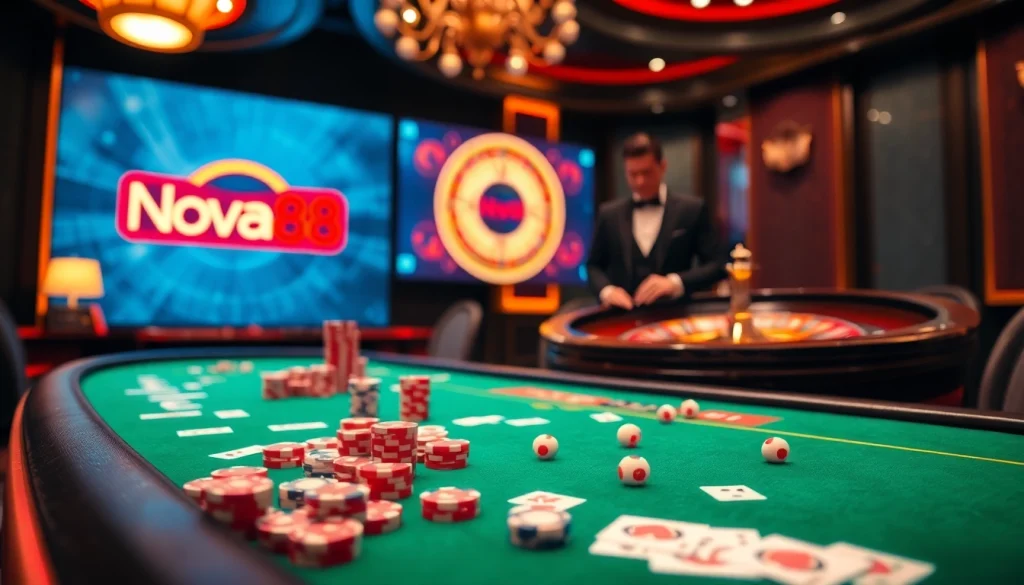 Nha cai nova88 offers an exciting gambling experience with poker chips and a roulette wheel in a vibrant casino setting.