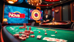 Nha cai nova88 offers an exciting gambling experience with poker chips and a roulette wheel in a vibrant casino setting.