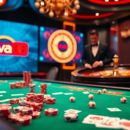 Nha cai nova88 offers an exciting gambling experience with poker chips and a roulette wheel in a vibrant casino setting.