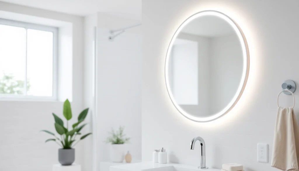 Elegant bathroom mirror with LED lighting enhancing a bright modern bathroom atmosphere.