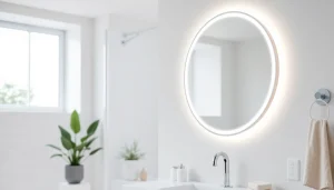 Elegant bathroom mirror with LED lighting enhancing a bright modern bathroom atmosphere.