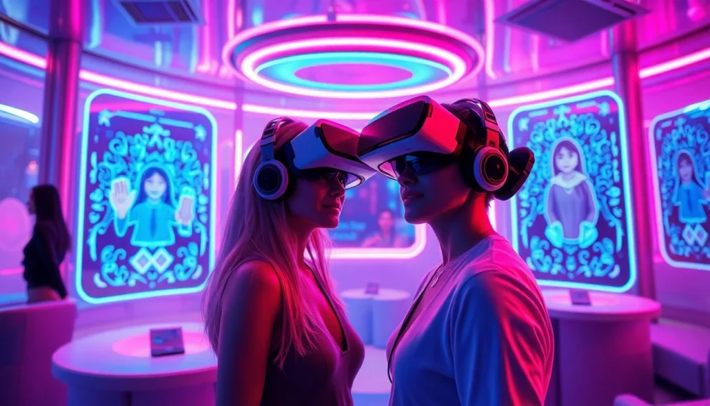 Engaging scene of NSFW AI chat companions in a modern virtual lounge, showcasing interaction and innovation.