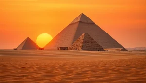 Piraminds rising majestically under a vibrant sunset, showcasing ancient Egyptian architecture.