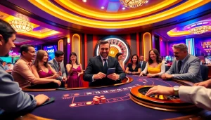 Players enjoying a thrilling poker game at MM88 casino, capturing excitement and luxury.