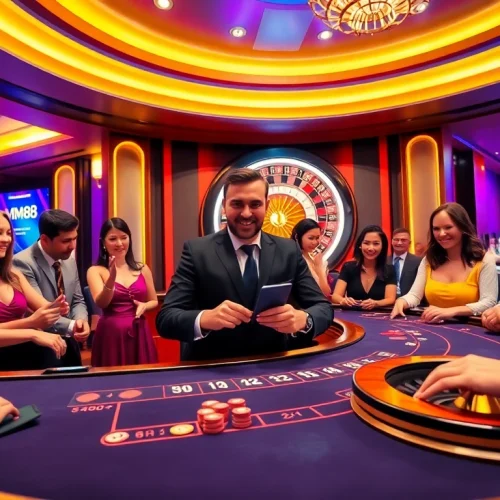 Players enjoying a thrilling poker game at MM88 casino, capturing excitement and luxury.