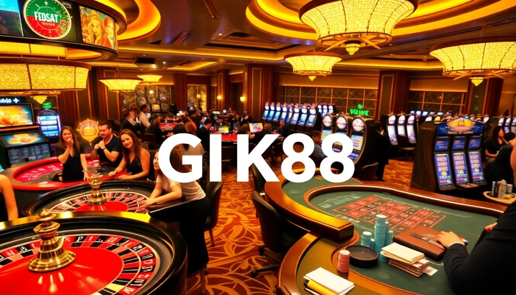 Players enjoying a thrilling GK88 experience at a vibrant casino with a roulette wheel and poker tables.