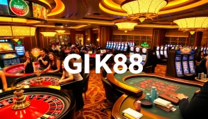 Players enjoying a thrilling GK88 experience at a vibrant casino with a roulette wheel and poker tables.